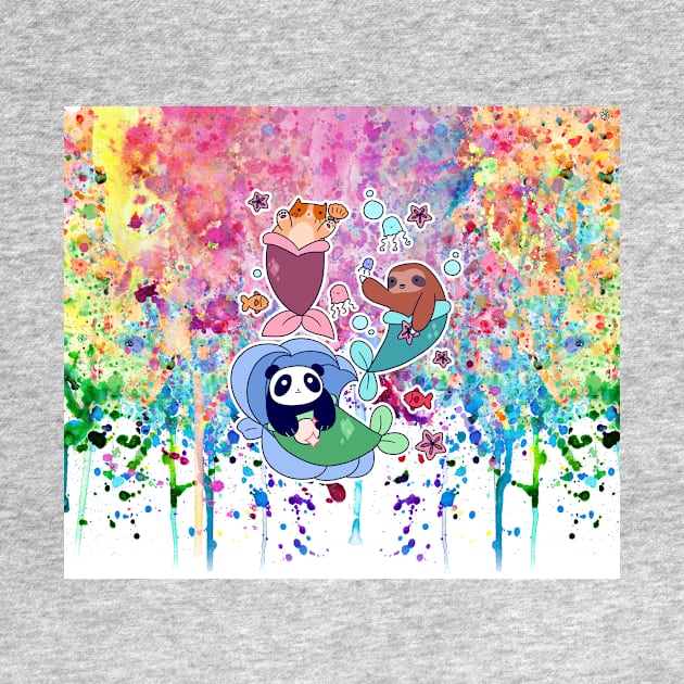 Mermaid Cat Sloth and Panda - Rainbow Paint by saradaboru